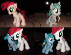 Size: 1501x1157 | Tagged: safe, artist:pearlyiridescence, oc, oc:appleale, oc:sweetwater, earth pony, pony, unicorn, bowtie, female, filly, goggles, irl, mare, photo, plushie, small