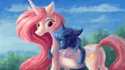 Size: 1440x810 | Tagged: safe, artist:plainoasis, princess celestia, princess luna, alicorn, pony, g4, duo, female, folded wings, hug, looking at each other, mare, one eye closed, pink-mane celestia, ponified animal photo, royal sisters, s1 luna, smiling, wink, younger
