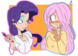 Size: 750x539 | Tagged: safe, artist:drawbauchery, artist:lordsauronthegreat, fluttershy, rarity, human, g4, blushing, bust, clothes, female, hair over one eye, humanized, lesbian, looking at each other, ship:flarity, shipping, smiling