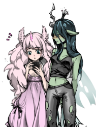 Size: 725x959 | Tagged: safe, artist:shell, queen chrysalis, oc, oc:fluffle puff, anthro, g4, belly button, canon x oc, colored, fake horn, female, human facial structure, lesbian, pixiv, ship:chrysipuff, shipping