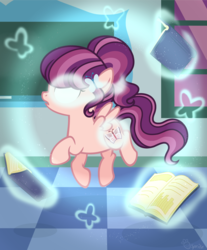 Size: 2556x3086 | Tagged: safe, artist:strawberry-spritz, oc, oc only, oc:butterfly effect, pegasus, pony, alternate universe, base used, book, classroom, cutie mark, cutiespark, female, filly, floating, high res, levitation, magic, offspring, parent swap au, parent:night light, parent:posey shy, parents:poseynight, ponytail, solo, spread wings, telekinesis, window, wings, younger
