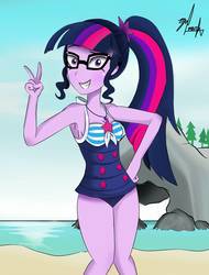 Size: 975x1280 | Tagged: safe, artist:markvoid21, sci-twi, twilight sparkle, equestria girls, equestria girls series, forgotten friendship, g4, adorasexy, armpits, beach, clothes, cute, female, glasses, lidded eyes, looking at you, ocean, peace sign, rock horse, sand, sexy, solo, swimsuit, twiabetes