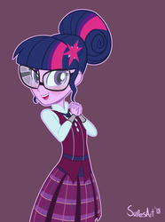 Size: 1500x2020 | Tagged: safe, artist:superion, sci-twi, twilight sparkle, equestria girls, g4, adorkable, beautiful, blushing, clasped hands, clothes, crystal prep academy uniform, cute, dork, female, glasses, hair bun, hairpin, looking at you, necktie, outfit, pleated skirt, purple background, school tie, school uniform, schoolgirl, simple background, skirt, smiling, smiling at you, solo, twiabetes, uniform