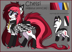 Size: 1100x792 | Tagged: safe, artist:tay-niko-yanuciq, oc, oc only, oc:chelsi, pegasus, pony, chest fluff, coat markings, collar, colored hooves, colored wings, female, heterochromia, long hair, long tail, looking back, mare, reference sheet, socks (coat markings), solo