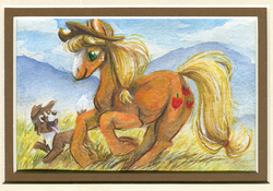 Size: 600x421 | Tagged: safe, artist:sparkynekomi, applejack, winona, dog, earth pony, pony, g4, blaze (coat marking), coat markings, cowboy hat, duo, facial markings, female, hat, mare, realistic horse legs, running, traditional art, watercolor painting
