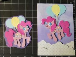 Size: 1280x960 | Tagged: safe, artist:sparkynekomi, pinkie pie, earth pony, pony, g4, balloon, craft, female, floating, flying, irl, mare, papercraft, photo, shadowbox, solo, then watch her balloons lift her up to the sky