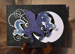 Size: 900x647 | Tagged: safe, artist:sparkynekomi, princess luna, alicorn, pony, g4, craft, crescent moon, female, flying, irl, mare, moon, papercraft, pearl, photo, shadowbox, solo, space, transparent moon