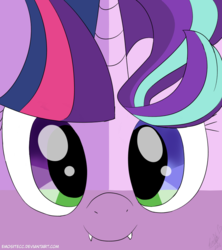 Size: 800x900 | Tagged: safe, artist:emositecc, spike, starlight glimmer, twilight sparkle, alicorn, dragon, pony, g4, amalgamation, fangs, female, looking at you, smiling, twilight sparkle (alicorn)