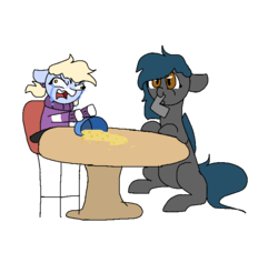 Size: 750x710 | Tagged: safe, artist:nootaz, oc, oc only, oc:nootaz, oc:speck, bat pony, pony, cheese, crying, duo, food, gun, macaroni, macaroni and cheese, mouth hold, pasta, simple background, transparent background, weapon