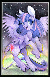 Size: 450x693 | Tagged: safe, artist:sparkynekomi, twilight sparkle, alicorn, pony, g4, big ears, cloven hooves, curved horn, female, horn, leonine tail, mare, solo, traditional art, twilight sparkle (alicorn), unshorn fetlocks, watercolor painting
