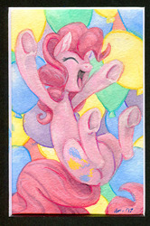 Size: 450x678 | Tagged: safe, artist:sparkynekomi, pinkie pie, earth pony, pony, g4, balloon, eyes closed, female, mare, ponk, solo, traditional art, underhoof, watercolor painting