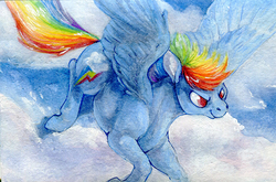 Size: 600x396 | Tagged: safe, artist:sparkynekomi, rainbow dash, pegasus, pony, g4, female, flying, mare, solo, traditional art, watercolor painting
