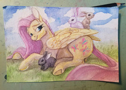 Size: 576x413 | Tagged: safe, artist:sparkynekomi, fluttershy, pegasus, pony, rabbit, g4, female, mare, solo, traditional art, underhoof, watercolor painting