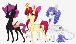 Size: 2000x1176 | Tagged: safe, artist:australian-senior, apple bloom, scootaloo, sweetie belle, changeling, crystal pony, earth pony, pony, unicorn, kirindos, g4, alternate cutie mark, alternate design, alternate universe, changelingified, colored hooves, concave belly, cutie mark crusaders, earth pony sweetie belle, fit, lanky, leonine tail, magic, physique difference, race swap, raised hoof, scootaling, simple background, skinny, slender, sparkly mane, species swap, thin, unicorn apple bloom, unshorn fetlocks, white background