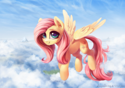 Size: 4961x3508 | Tagged: safe, artist:adagiostring, artist:inowiseei, fluttershy, pegasus, pony, g4, absurd resolution, cheek fluff, cloud, collaboration, cute, ear fluff, female, flying, looking at you, mare, scenery, shyabetes, sky, smiling, solo, spread wings, wings
