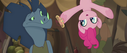 Size: 1920x804 | Tagged: safe, screencap, louise, pinkie pie, earth pony, frilled lizard, lizard, pony, anthro, g4, my little pony: the movie, anthro with ponies, comb, duo, female, hair, klugetowner, lizard vendor, magnetic hooves, mare