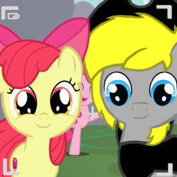 Size: 768x768 | Tagged: artist needed, safe, apple bloom, pinkie pie, oc, oc:ivan cakan, g4, adorabloom, cute, photo, smiling
