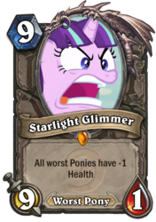 Size: 400x569 | Tagged: safe, edit, edited screencap, screencap, starlight glimmer, g4, angry, card, drama, hearthstone, joke, legendary, op is a duck, open mouth, parody, quite, starlight drama, teeth, useless, warcraft, worst pony
