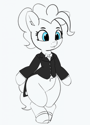 Size: 1280x1787 | Tagged: safe, artist:pabbley, pinkie pie, earth pony, pony, semi-anthro, g4, 30 minute art challenge, bipedal, clothes, female, mare, monochrome, partial color, simple background, solo, tuxedo, white background