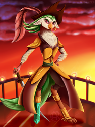Size: 1024x1367 | Tagged: safe, artist:artquake1511, captain celaeno, parrot, g4, my little pony: the movie, airship, clothes, female, hat, pirate, pirate hat, prosthetics, sign, solo, sword, weapon