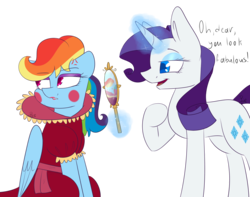 Size: 2300x1813 | Tagged: safe, artist:soundwavepie, rainbow dash, rarity, g4, and then there's rarity, clothes, dress, forced makeover, magic, makeover, mirror, model, modeling, rainbow dash always dresses in style, ruff (clothing), simple background, transparent background, upset