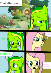 Size: 1260x1800 | Tagged: safe, artist:didgereethebrony, fluttershy, oc, oc:boomerang beauty, oc:didgeree, comic:a different type of testing, g4, boomeree, comic, fluttershy's cottage, male to female, rule 63, trace, transformation, transgender transformation