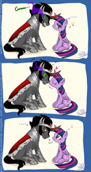 Size: 1200x2250 | Tagged: safe, artist:wolfkice, king sombra, twilight sparkle, alicorn, pony, unicorn, g4, angry, blushing, comic, embarrassed, female, growling, grumpy, happy, heart, kissing, lightbulb, looking back, male, mare, ship:twibra, shipping, snorting, stallion, straight, twilight sparkle (alicorn), unamused