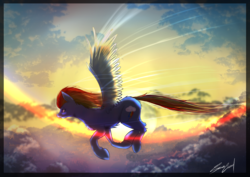 Size: 2047x1447 | Tagged: safe, artist:sakuracheetah, rainbow dash, pegasus, pony, g4, cloud, female, flying, mare, sky, solo