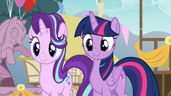 Size: 1200x675 | Tagged: safe, screencap, starlight glimmer, twilight sparkle, alicorn, pony, unicorn, g4, triple threat, duo, duo female, female, smiling, twilight sparkle (alicorn)