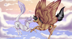 Size: 3000x1650 | Tagged: safe, artist:sofienriquez, oc, oc only, oc:artsong, oc:thespia, pegasus, pony, unicorn, falling, female, holding hooves, lesbian, mare, nuzzling, oc x oc, shipping