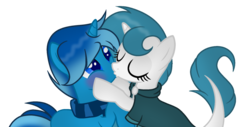 Size: 1024x522 | Tagged: safe, artist:mintoria, oc, oc only, oc:blue dye, pony, unicorn, cloak, clothes, female, kissing, mare, simple background, transparent background