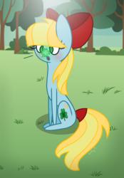 Size: 747x1071 | Tagged: safe, artist:darbypop1, oc, oc only, oc:clover sparks, earth pony, pony, base used, bow, clover, female, filly, four leaf clover, hair bow, mare, sitting, solo