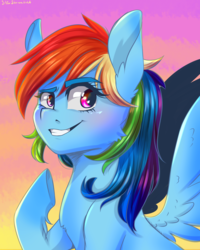 Size: 2000x2500 | Tagged: safe, artist:silbersternenlicht, rainbow dash, pegasus, pony, g4, dreamworks face, female, high res, mare, multicolored hair, smiling, solo, spread wings, underhoof, wings