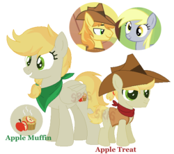 Size: 545x485 | Tagged: safe, artist:superrosey16, braeburn, derpy hooves, oc, oc:apple muffin, oc:apple treat, earth pony, pegasus, pony, g4, clothes, colt, derpyburn, female, hat, male, mare, offspring, parent:braeburn, parent:derpy hooves, parents:derpyburn, shipping, simple background, straight, transparent background, vest