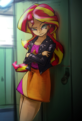 Size: 1377x2039 | Tagged: safe, artist:oberon826, sunset shimmer, human, equestria girls, g4, beautiful, clothes, crossed arms, female, jacket, leaning, leather jacket, lockers, looking at you, skirt, solo, thighs