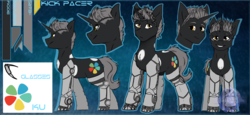 Size: 5000x2300 | Tagged: safe, artist:sinrinf, oc, oc only, oc:kick pacer, cyborg, pony, unicorn, amputee, male, prosthetic limb, prosthetics, reference sheet, solo, stallion