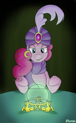 Size: 1000x1600 | Tagged: dead source, safe, artist:afterman, pinkie pie, g4, charm, clothes, crystal ball, feather, female, glowing, madame pinkie, scarf, smiling, smirk, solo