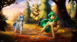 Size: 3465x1898 | Tagged: safe, artist:l1nkoln, oc, oc only, oc:first edition, oc:silverstar, pegasus, pony, unicorn, autumn, commission, female, forest, mare, raised hoof, scenery, smiling, tree
