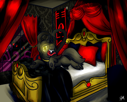 Size: 1280x1024 | Tagged: safe, artist:sugar morning, oc, oc only, oc:flavis, changeling, bed, bedroom, bedroom eyes, commission, creepy, curtains, dark, forked tongue, glowing eyes, lying down, mansion, open mouth, pillow, tendrils, tentacles, tongue out, window, yellow changeling, yellow eyes