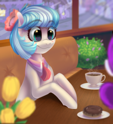 Size: 1024x1127 | Tagged: dead source, safe, artist:freckleplant, coco pommel, earth pony, pony, g4, blushing, coffee, cup, donut, female, food, implied rarity, offscreen character, table, window