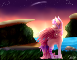 Size: 3493x2700 | Tagged: safe, artist:honeybbear, oc, oc only, oc:kaya, pegasus, pony, clothes, constellation, ear piercing, earring, female, high res, jewelry, mare, ocean, piercing, socks, solo, stars, striped socks, twilight (astronomy), two toned wings