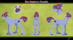 Size: 2025x1125 | Tagged: safe, artist:bijutsuyoukai, oc, oc only, oc:blue raspberry bramble, earth pony, pony, bucktooth, female, hooffield family, mare, mccolt family, reference sheet, solo, unshorn fetlocks