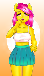 Size: 2190x3780 | Tagged: safe, artist:amberpendant, fluttershy, anthro, g4, clothes, female, high res, midriff, open mouth, pleated skirt, skirt, solo, tank top, wrong eye color
