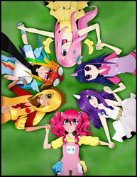 Size: 667x866 | Tagged: safe, artist:cactusbunny, applejack, fluttershy, pinkie pie, rainbow dash, rarity, twilight sparkle, human, g4, clothes, cute, dress, glasses, grass, handkerchief, holding hands, horn, humanized, overalls, rubber chicken, wings