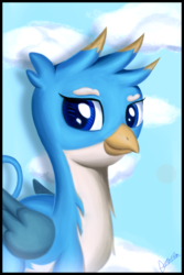 Size: 2000x3000 | Tagged: safe, artist:theunconsistentone, gallus, griffon, g4, school daze, season 8, blue background, cloud, cute, gallabetes, high res, looking at you, male, simple background, sky, smiling, solo, tail, wings
