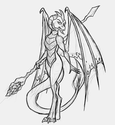 Size: 3780x4100 | Tagged: safe, artist:akweer, princess ember, dragon, g4, bloodstone scepter, dragon lord ember, dragoness, female, monochrome, simple background, sketch, solo, white background