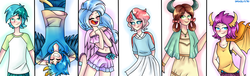 Size: 2300x700 | Tagged: safe, artist:dashblitz90-fonnie, gallus, ocellus, sandbar, silverstream, smolder, yona, human, g4, school daze, clothes, cute, diaocelles, diastreamies, dress, gallabetes, horn, horned humanization, humanized, monkey swings, sandabetes, shorts, skirt, smolderbetes, student six, winged humanization, wings, yonadorable