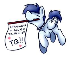 Size: 1280x1024 | Tagged: safe, artist:sugar morning, oc, oc:slipstream, dog pony, pegasus, pony, announcement, boof, boofy, boofy is a good boy, choker, collar, commission, commission closed, commission info, commission open, eyes closed, happy, heart, holding a sign, simple background, spiked choker, spiked collar, trotting