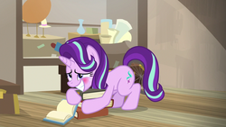 Size: 1280x720 | Tagged: safe, screencap, starlight glimmer, pony, unicorn, g4, uncommon bond, blushing, book, cute, embarrassed, female, glimmerbetes, mare, solo, sweat