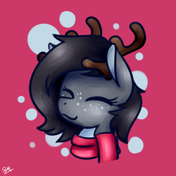 Size: 1024x1024 | Tagged: safe, artist:sugar morning, oc, oc only, oc:gene, deer, deer pony, original species, pony, antlers, bust, calm, clothes, commission, content, deer oc, doe, eyes closed, freckles, happy, scarf, simple background, smiling, solo